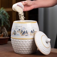 Ceramic Rice Cylinder with Lid10Jin Kitchen Storage Rice Flour Jingdezhen Rice Bucket Household Moisture-Proof Insect Seal   Household products