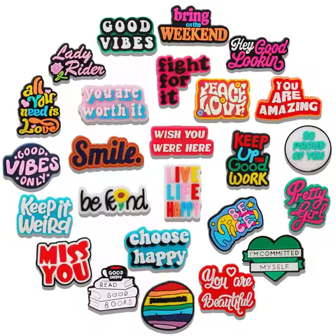 25pcs Trendy Inspirational Words Shoe Charms For Bubble Slides Sandals, PVC Shoe Decorations Accesso