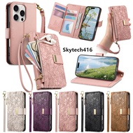 For Sharp Aquos Sense 9 Wish 4 Zipper Pocket Wallet Leather Phone Case With Card Slots Lanyard Strap