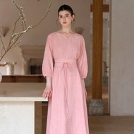 新中式粉色桑蠶絲裙 / 收腰真絲氣質款 / 長款連衣裙
