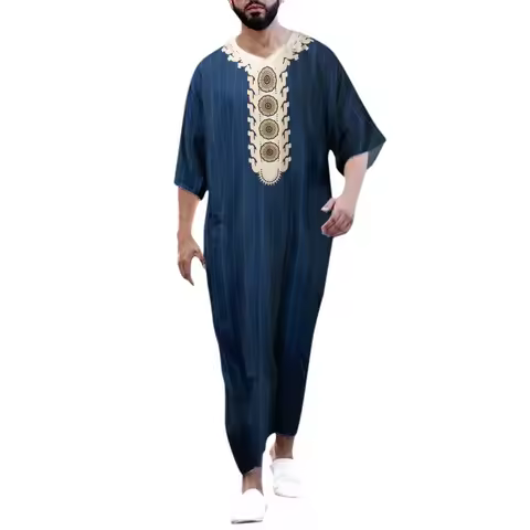 Men's Summer Islamic Robe 2026 Loose Moroccan Kaftan 3D Digital Print Middle East Traditional Muslim