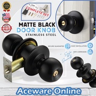 Matte Black Door Knob Stainless Steel Cylindrical Bedroom Bathroom Door Lock Set Tombol Hitam Pintu 