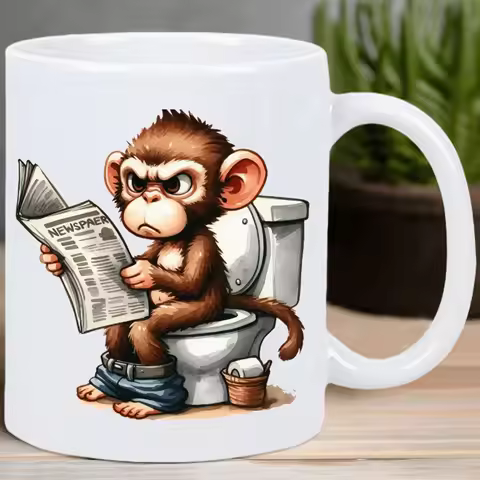 Funny Monkey on Toilet Ceramic Coffee Mug – Reusable, Hand-Wash Only – Humorous Cartoon Design with 