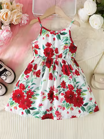 New 2024 Children Girl Sling Dress Flower Print Sense Of Design Slip Dresses Summer Beach Daily Clot
