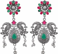 Indian Antique Silver Oxidized Afghani Gypsy Peacock Designer Ethnic Ghungroo Beads Enamel Dangle Jhumka Jhumki Earrings Pink Green, alloy, No Gemstone