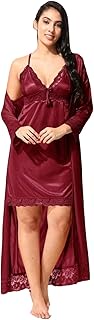 Apparels Satin 2 PC Nighty/Night Wear Set with Robe | V- Neck | Solid/Plain | Attractive & Stylish |