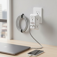 3-Sided Outlet Extender with Surge Protection - 6 Outlet Splitter, 4 USB Ports (2 USB-C), Wall Charg