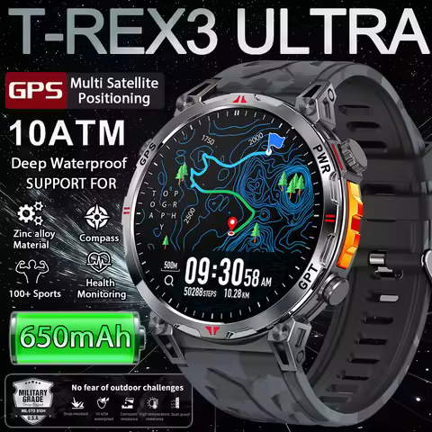 2025 New Military T-Rex 3 GPS Smart Watch Dual-Band GPS Compass Altimeter Barometer 5ATM Waterproof 