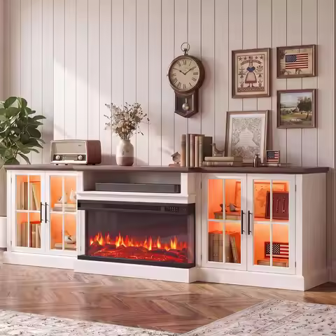 98" Farmhouse TV Stand with 36" Fireplace for TVs up to 100", Media Entertainment Center with Adjust