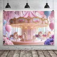 Pink Carousel Princess Banner Party Photography Backdrop Fantasy Floral Garden Pink Purple Hydrangea