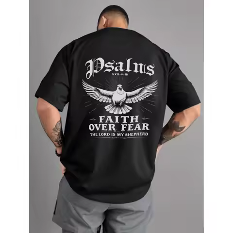 Men's Black T-Shirt Faith Over Fear Dove Psalm 23 Printed High Quality Cotton 180g+ Religious Christ