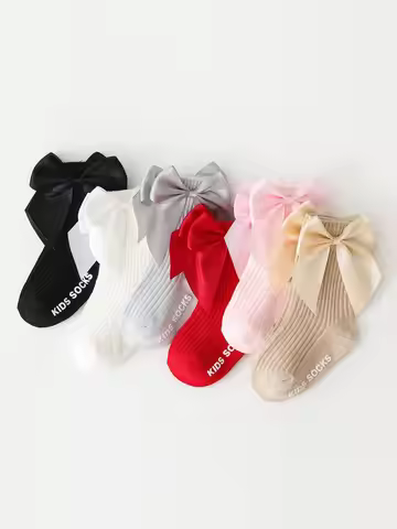 6 pcs 0-3Y Girl Kids Cotton Ribbed Socks Baby Anti-Slip Medium Tube Socks Bowknot Spring Autumn