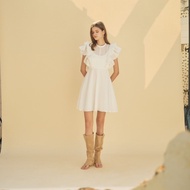 [Tohns] Sleeveless Ruffle Front Button Lace Dress lชุดเดรสแขนกุดผ้าลูกไม้สีขาวดีไซน์หรูหรา สไตล์ Sle