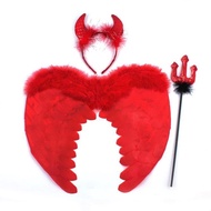AT/💚Halloween Feather Angel Wings Performance Costume Devil Red Feather Wings+Ox Horn+Awesome OIVN