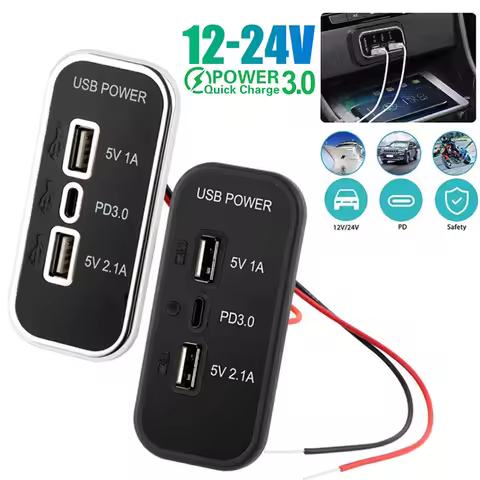 3 Ports Car Charger Socket Fast Charging 35.5W PD QC 3.0 Type-C USB Ports 12/24V Power Outlet for Mo