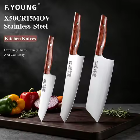 F.YOUNG 1-3PCS Professional Kitchen Knives Set Utility Kiritsuke Cleaver X50Cr15MoV Stainless Steel 