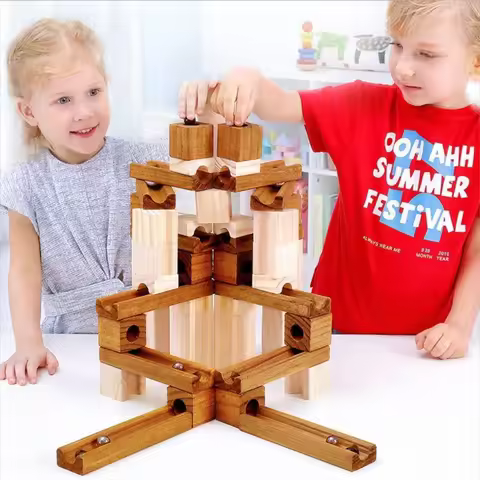 60pcs Wooden Marble Track Assembly Building Blocks Run Maze Ball Puzzle Children Educational Kids Gi