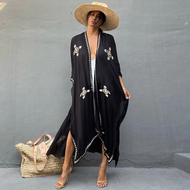 New Cotton Embroidery Loose Long Cardigan Beach Sun Protection Jacket Bikini Cover-up Kimono Tassel