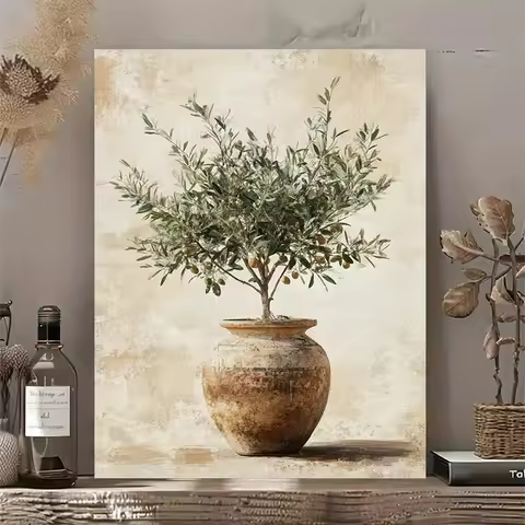 Chic Olive Tree in Vase Canvas Art - Unframed, Waterproof Wall Decor for Living Room, Bedroom, Offic