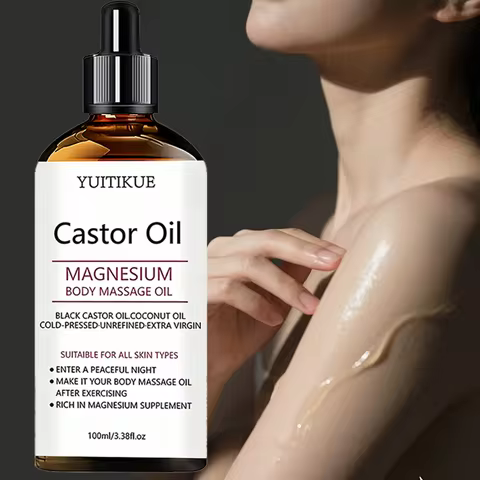 Yuitikue Castor Oil Magnesium Body Massage Oil, 100ml Cold-Pressed Black Castor & Coconut Oil for Al