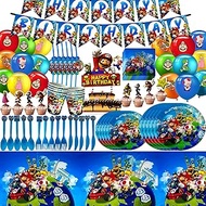 Super Mario Party Favor Party Decorations, Super Mario party Themed Flatware, Banner, Balloons, Plates, Spoons, Fork, knives, Napkins, Cake Toppers, Paper cups, Straws, Tablecloth Party Supplies Kids