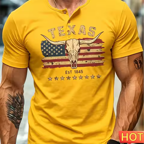 Retro Sports Henry Shirt Summer Men's T-shirt Cowboy Pattern Men's Henry T-shirt Hip Hop Street Men'