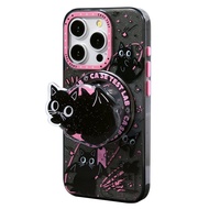 เคสโทรศัพท์มือถือลายแมวสีดำดูดซับแม่เหล็กสองชั้นป้องกัน iPhone17Promax ลายการ์ตูน Adorable 17Pro ลาย