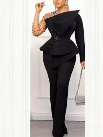 AOMEI Women Jumpsuit Vintage Beaded Long Sleeve Patchwork Mesh One Piece Romper Beading Elegant Part