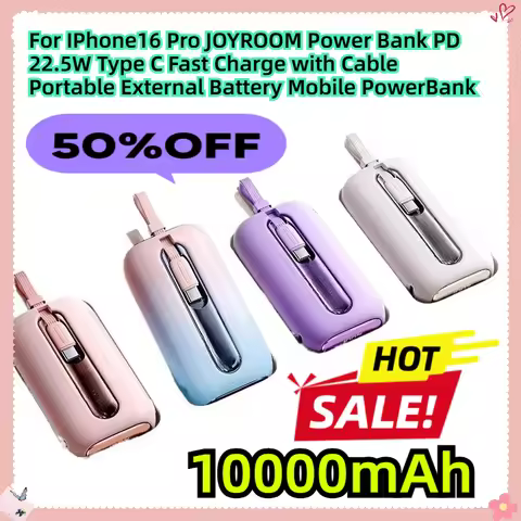 For IPhone16 Pro JOYROOM 10000mAh Power Bank PD 22.5W Type C Fast Charge with Cable Portable Externa