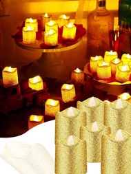 6入組金色斑點電子蠟燭LED蠟燭燈，溫暖的黃色燈光，無煙無味，時尚風格，適合浪漫婚禮，神秘派對，裝飾性燭光和演唱會燈光