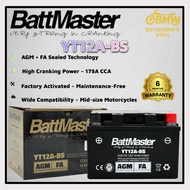 BattMaster YT12A-BS 12V 10Ah 160CCA | AGM + FA | Maintenance-Free Motorcycle Battery