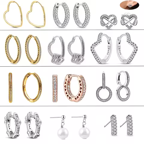 Fashion Original 100% 925 Silver Sparkling Pave Heart Stud Hoop Circle Earrings Luxury Zircon Shiny 