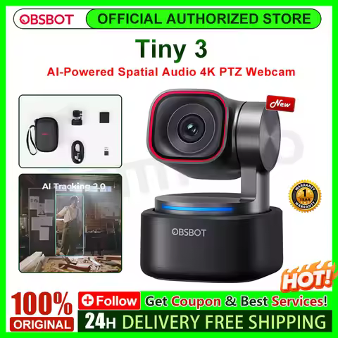 new OBSBOT Tiny 3 AI-Powered Spatial Audio 4K PTZ Webcam, Compact 4K USB PTZ Webcam with 4x Zoom