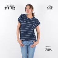 GSP womansTeeshirt friendlystripe เสื้อยืด คอกลมแขนล้ำ สีน้ำเงินริ้วขาว PBA7NV