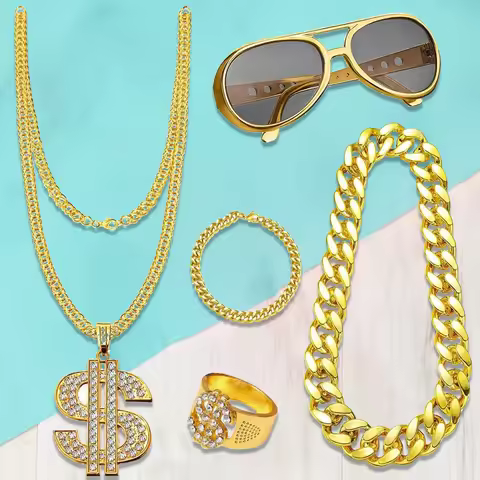 80s 90s Costume Outfit Set Men's Hip Hop Gold Chain Jewelry Set with Accessories Fancy Dress Costume