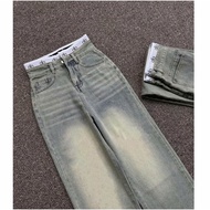 Wide-leg jeans with ALO letter waistband design, no tears
