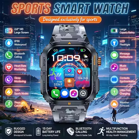 2026 New Smart Watch 1000mAh Large Battery Fast Charging Solid Case Flashlight 100+ Sports Modes IP6