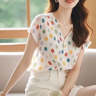 77Polyester blouse casual   Blouse  SleevelessV-neck Summer Wave point  Look slimmer tops