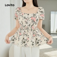 Lovito Blouse Wanita Motif Bunga Ditsy Ruffle Musim Bunga/Panas Warna-warni Gaya Santai L134ED445