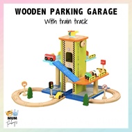 [MUMof2boys] Wooden Parking Garage for Kids - 3-Level Toy Train Car Playset with Ramps & Tracks - Wo