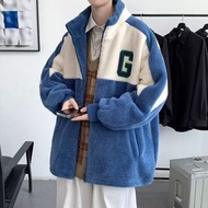 羊羔絨棉衣男冬季羊羔毛外套ins韓版潮加絨加厚棉襖寬鬆立領棉服-藍色 M