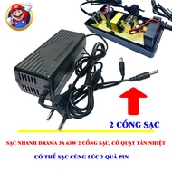 Sạc Nhanh Drama 3a 21v 2 cổng sạc chân tròn 55x21mm Cho Pin 15 20 cell Có Quạt Tản Nhiệt