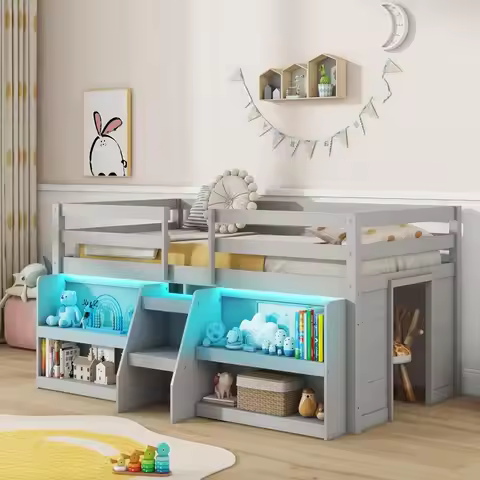 Children Beds, Low Loft Bed with LED Lights, Wooden Twin Loft Bed with Stairs & Safety Guardrail, Lo