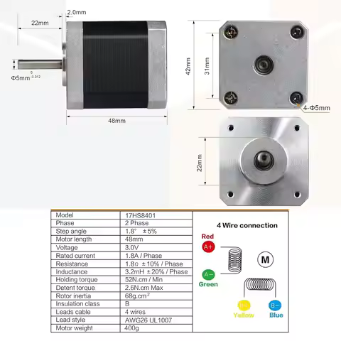 17HS8401 Nema17 Stepper Motor 2-Phase Hybrid 1.8A 48mm 78oz-in 52N.cm Torque 1.8 Degree For CNC Mach
