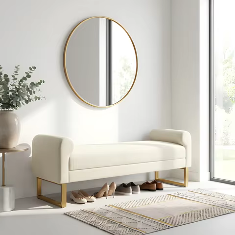 65 Inch End of Bed Bench for King Size Bed, Chenille Upholstered Ottoman Bench with Arms & Gold Meta