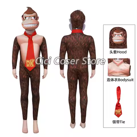 Anime Super Brother Donkey Kong Cosplay Costume Jumpsuit with Hood Tie Halloween Party Carnival Role