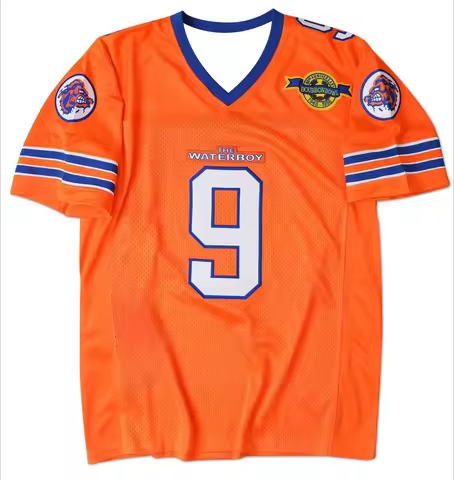 The Waterboy #9 Orange Football Jersey - V-Neck Blue Trim "25th ANNIVERSARY" Patch Sports Shirt for 