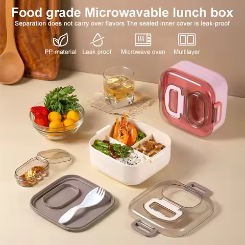 1PC Lunch Box, Divided Into Compartments, Lunch Box with Tableware, Square Lunch Box for Office Stud
