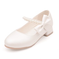 HOBIBEAR รองเท้าส้นสูงติดโบว์สีขาวสำหรับเด็กผู้หญิงรองเท้าหนังติดมุกรองเท้าเจ้าหญิง