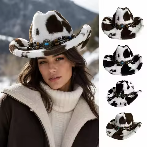 Decorative Wide Brim Cowboy Hat Soft Windproof Western Cowboy Hat Bead Ornament Windproof Cowboy Cap